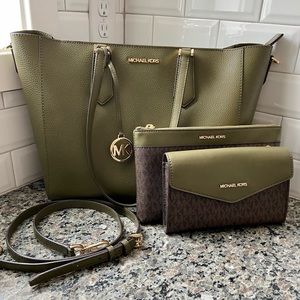 Army Green MK Crossbody Tote and Pouch Bundle